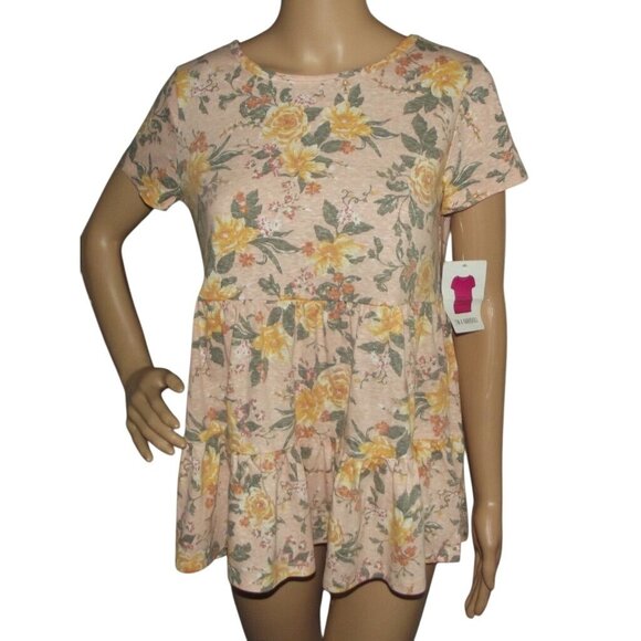 Bobbie Brooks Babydoll Top Womens Size Small Peach Pink Gold Floral knit tiered - Picture 1 of 12